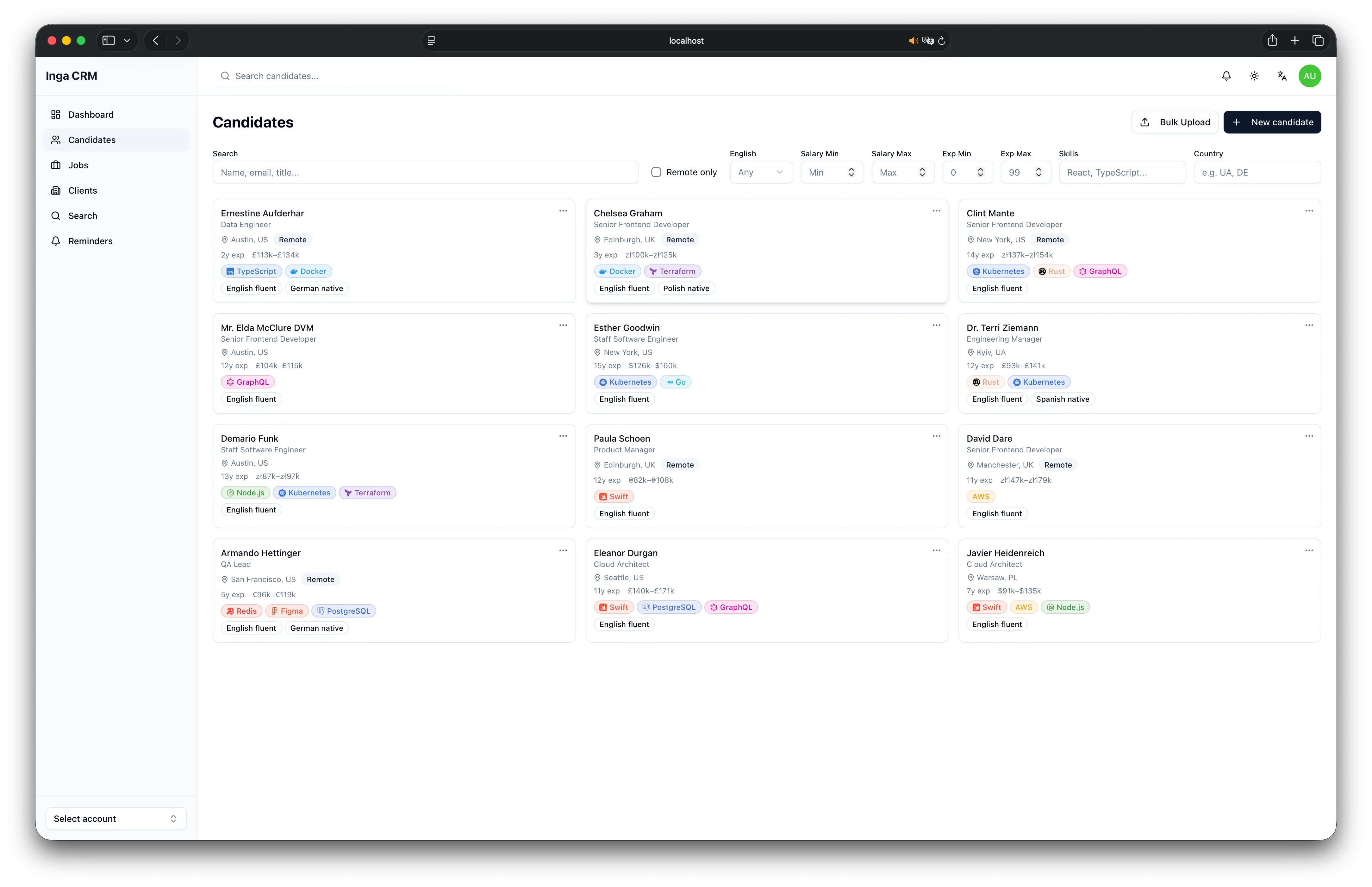 Inga CRM — Candidates view with search, filters, and candidate cards