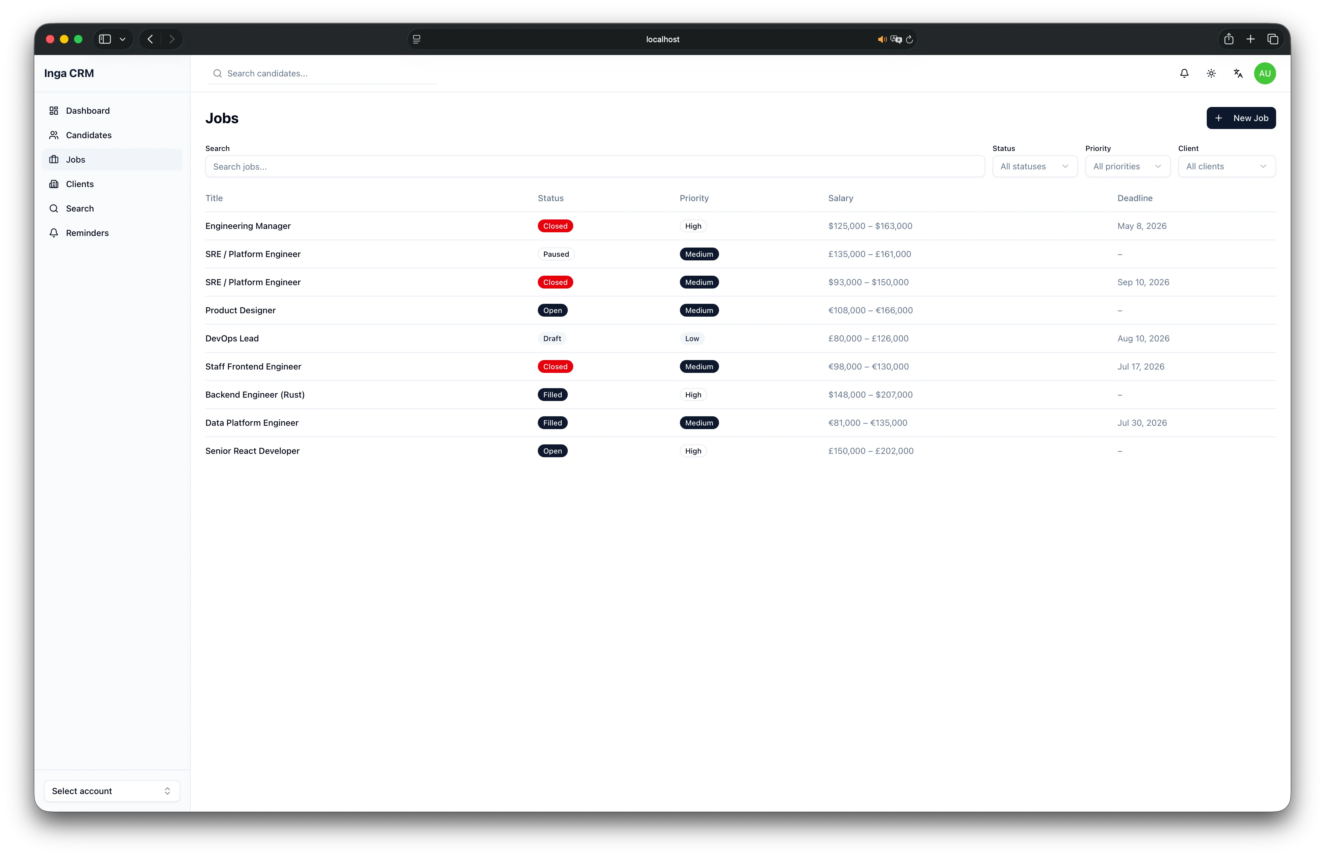 Inga CRM — Jobs management view with status, priority, and salary tracking